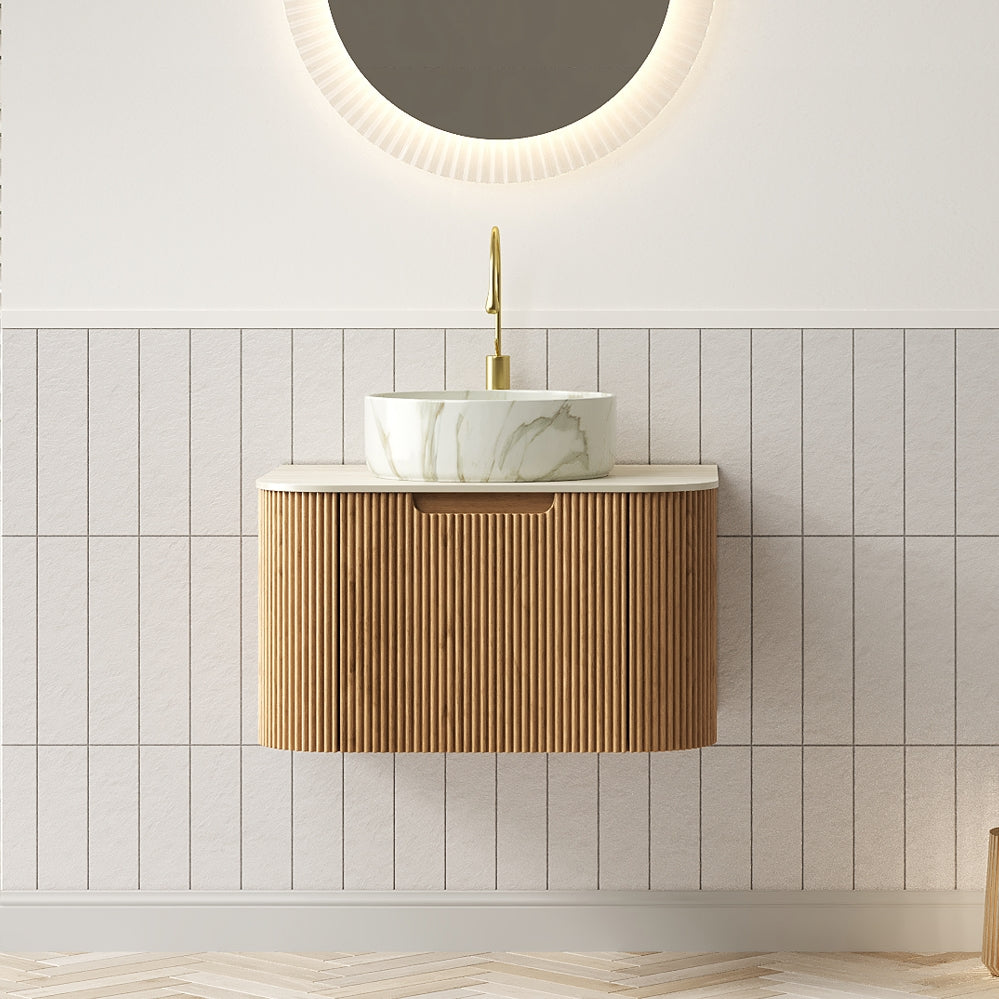 English Elm Dina Floating Bathroom Vanity with Sintered Stone Top and Crystal Glass Basin Beige,Natural Wood,White W2615S00507
