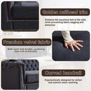 English Elm 3-seater and 2-seater Chesterfield Velvet Sofa Set with Tufted Back Gold Stud Trim Black+Blue W1926S00103