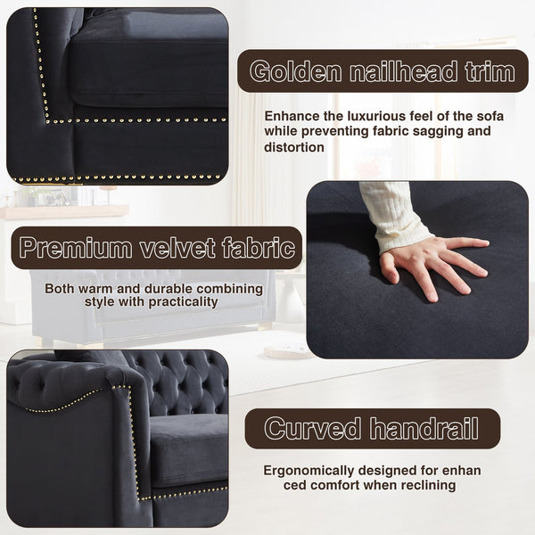 English Elm 3-seater and 2-seater Chesterfield Velvet Sofa Set with Tufted Back Gold Stud Trim Black+Blue W1926S00103