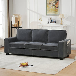 English Elm 84.25-inch Corduroy Three Seater Sofa with Cup Holders Modern Minimalist Living Room Couch Gray W288P399979