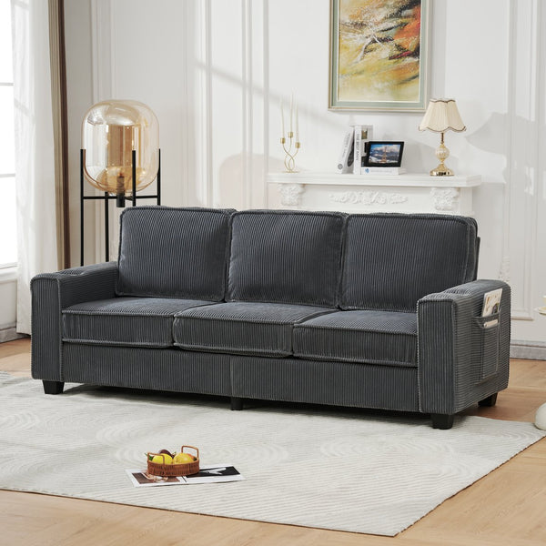 English Elm 84.25-inch Corduroy Three Seater Sofa with Cup Holders Modern Minimalist Living Room Couch Gray W288P399979