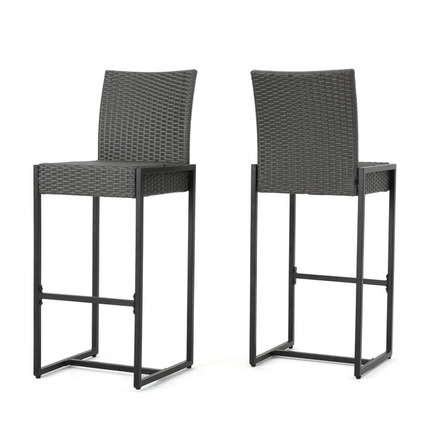 English Elm Christopher Knight Home® - CONWAY Outdoor Wicker Barstool Set of 2 – Powder-Coated Iron Frame, Weather-Resistant Poly Wicker, Stylish Grey 59002.00