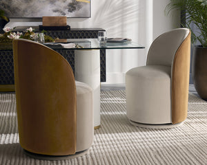 Sunpan Cavoli Swivel Dining Chair - Stylish Curved Design, Fully Upholstered for Ultimate Comfort and Elegance Meg Taupe / Meg Gold