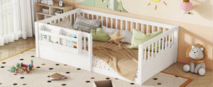 English Elm Twin Low Profile Kids Floor Bed Pine Wood Frame with Safety Rail and Built in Bookshelf White W1580P373134