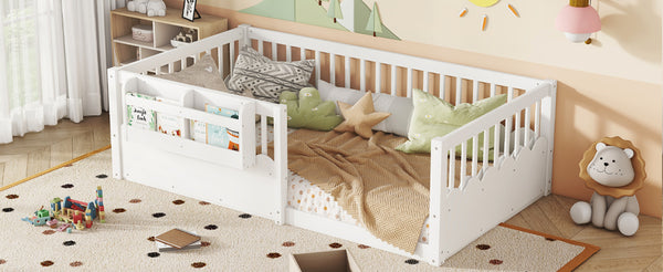 English Elm Twin Low Profile Kids Floor Bed Pine Wood Frame with Safety Rail and Built in Bookshelf White W1580P373134