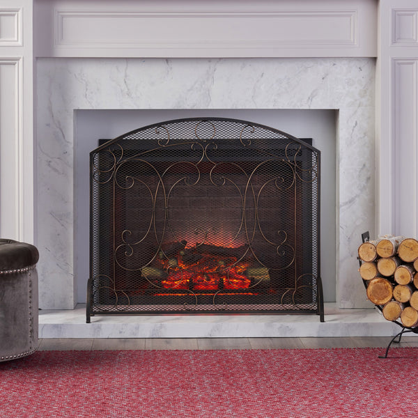 English Elm Christopher Knight Home® - FIREPLACE Black+Gold Iron Screen 40x34.25 Decorative Mesh Guard — Stylish Heat Shield & Spark Barrier 67717.00BBGLD
