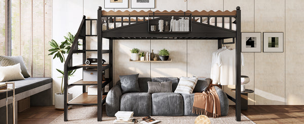 English Elm Twin Xl Metal Loft Bed with Stair Storage Shelves Sturdy Steel Frame for Dorms W1580S00377
