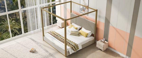 English Elm King Velvet Upholstered Four Poster Canopy Bed White Modern Bedroom Frame N7090002405A