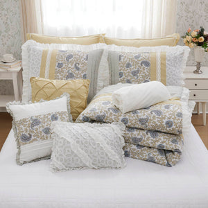English Elm 9 Piece Cotton Percale Comforter Set - Chic Yellow Queen Ensemble With Vintage Paisley & Pillows B03597196