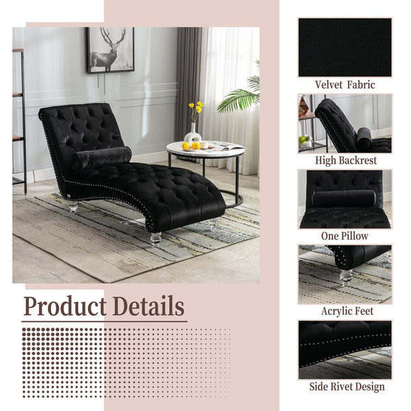 English Elm Velvet Curved Chaise Lounge Sofa with Button-Tufted Upholstery, Plush Foam Seat and Acrylic Legs Black W39538681