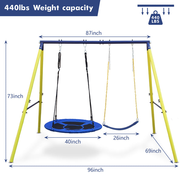 English Elm 2 in 1 Kids Outdoor Steel A-frame Backyard Swing Set with Saucer and Belt Seats W1408P163242
