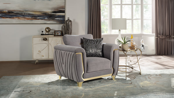 English Elm Leena Contemporary 3Pc Living Room Set With Plush Gray Upholstery & Gold Accents For Modern Elegance B009S01439
