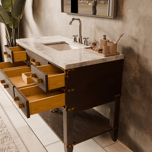English Elm Brown Oak 48" Single Bath Vanity with Carrara Marble Top, Chrome Faucet & 46" Mirror, Hand-Sealed Finish B2731S02105