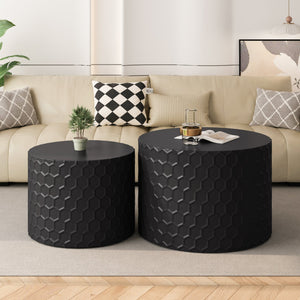 English Elm Stylish Honeycomb Nesting Coffee Tables Set — Modern Round Drum Design, Durable MDF, Space-Saving Pair Black W757P206009
