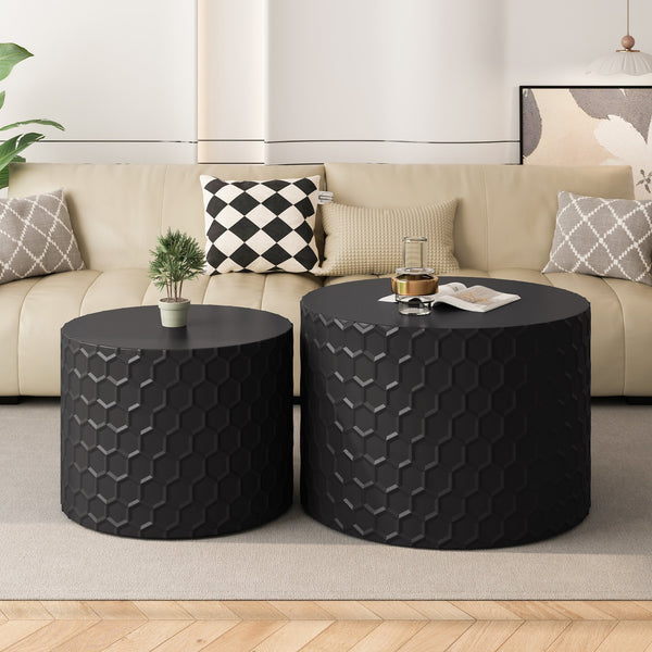 English Elm Stylish Honeycomb Nesting Coffee Tables Set — Modern Round Drum Design, Durable MDF, Space-Saving Pair Black W757P206009