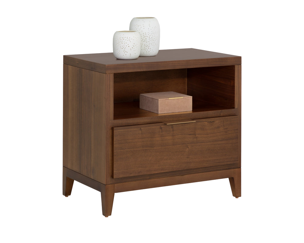 Sunpan Dimico Mid-Century Nightstand with Walnut Veneer & Rustic Bronze Handle – Timeless Elegance!