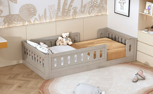 English Elm Wood Twin Size Platform Bed with Guardrail — Sturdy Pine & MDF Construction, Safe Low-Profile Design for Kids Natural N709P180836N