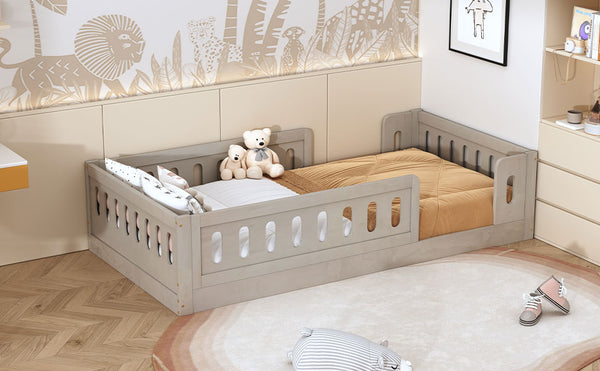 English Elm Wood Twin Size Platform Bed with Guardrail — Sturdy Pine & MDF Construction, Safe Low-Profile Design for Kids Natural N709P180836N