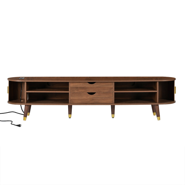 English Elm Wooden Fluted Tambour Media Console Mid Century Modern Tv Stand with Built in Charging Walnut N721P428444D