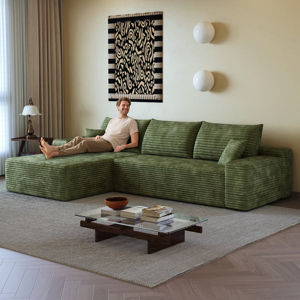 English Elm 107" Luxurious L-Shape Cloud Sectional Sofa, Plush Corduroy Couch, No Assembly, Green For Modern Living W2824S00121