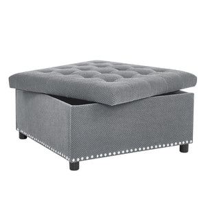 English Elm Storage Ottoman Tufted Nailhead Trim Lift Top Footstool for Living Room or Bedroom Light Gray W5568P447080