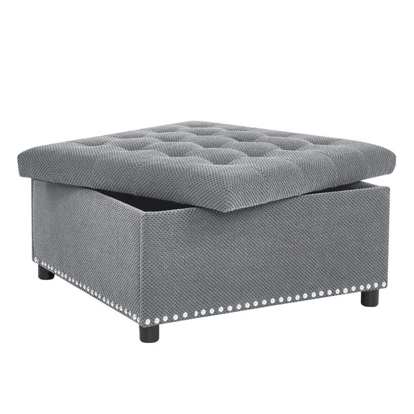 English Elm Storage Ottoman Tufted Nailhead Trim Lift Top Footstool for Living Room or Bedroom Light Gray W5568P447080