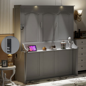 English Elm Queen Murphy Bed with Desk, Built-In LED Lights, USB Charging Ports & Space-Saving Modern Design Gray N7500004014E