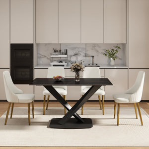English Elm 55.12" Modern Artificial Stone Dining Table With Black Metal X-Leg Base - Seats 6, Easy Maintenance W1535S00538