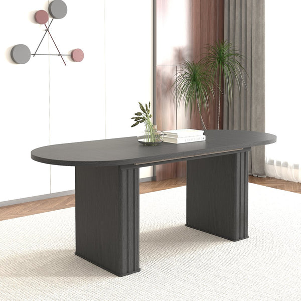 English Elm Kitchen extendable dining table with travertine-inspired melamine top, rounded edges, sturdy wooden base for family gatherings Black W1347S00016
