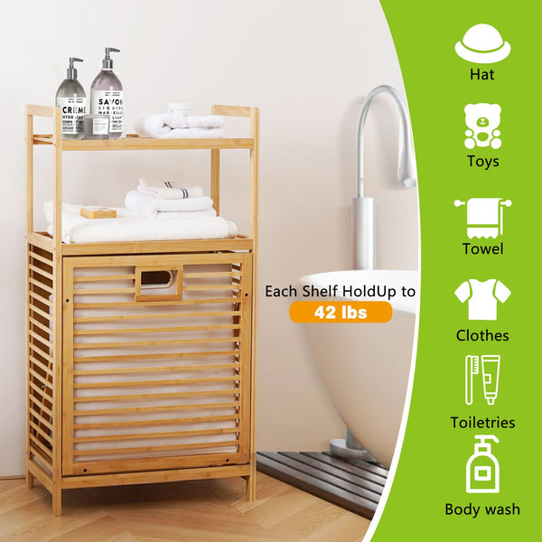 English Elm Laundry Hamper Bamboo Two Tier Tilt Out Basket with Open Shelves for Organized Homes W2641P460020