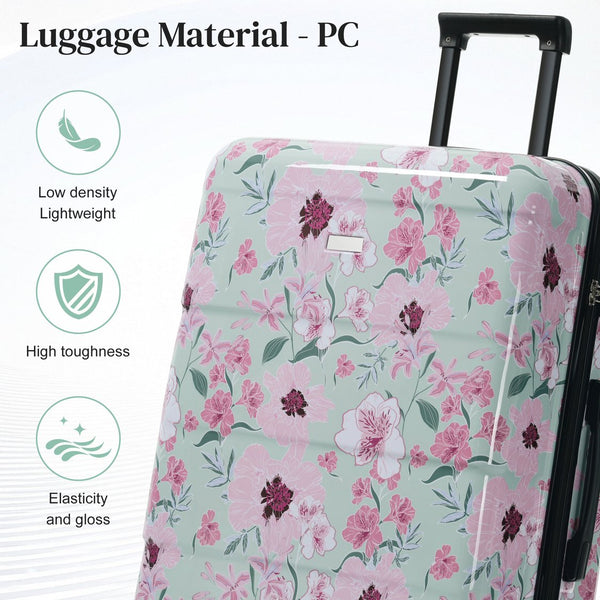 English Elm 6 Piece Hardshell Abs Travel Set with Spinner Wheels Combination Lock and Toiletry Bag Green & Pink Flower N732P391160F