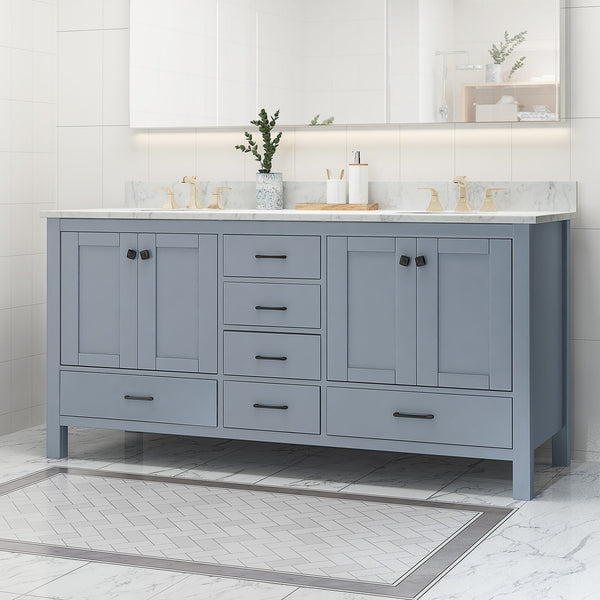 English Elm Christopher Knight Home® - 73'' Luxury Bathroom Vanity with Marble Top & Dual Ceramic Sinks, Freestanding 4-Door 3-Drawer Cabinet Grey N759S999017E