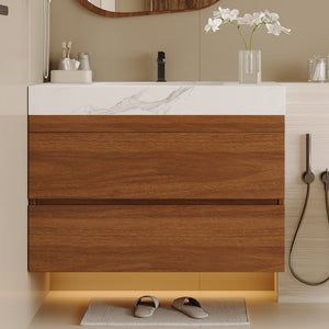 English Elm 29.9" Floating Bathroom Vanity Sintered Stone Top Soft Close Drawers Bronze Gold Hardware W3136S00041