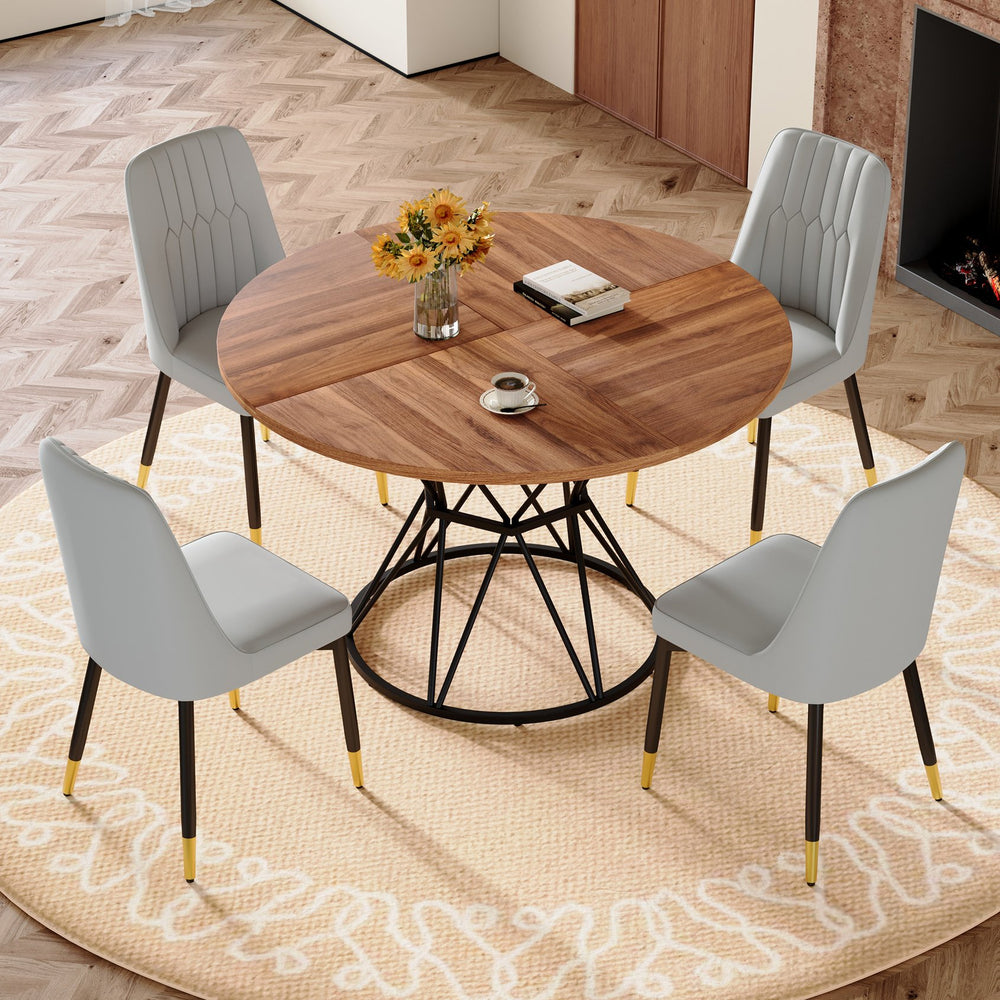 English Elm Table and Chair Set Round Tempered Glass Top Gold X Base with 4 Pu Dining Seats W1151S04839