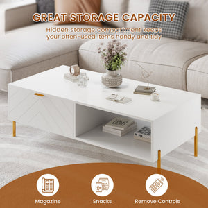 English Elm Mid-century Modern Coffee Table with Dual Drawers Tapered Legs and Open Storage Shelf White T3609P482851