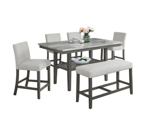 English Elm Luna Faux Marble Counter Height Dining Set Seats Six with Upholstered Bench and Shelf B2749S00326