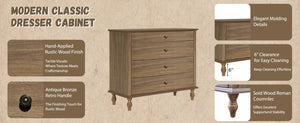 English Elm Large Antique Style 4-drawer Chest with Crown Molding Roman Legs Bedroom Storage Natural & Light Brown,Rustic Brown W1445P422421