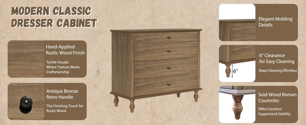 English Elm Large Antique Style 4-drawer Chest with Crown Molding Roman Legs Bedroom Storage Natural & Light Brown,Rustic Brown W1445P422421