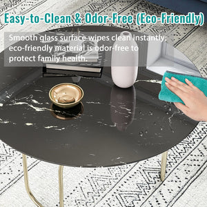 English Elm 36"inch Round Tempered Glass Tabletop Marble Print Indoor Outdoor Dining Patio Black W241P361489