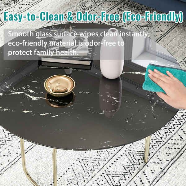 English Elm 36"inch Round Tempered Glass Tabletop Marble Print Indoor Outdoor Dining Patio Black W241P361489