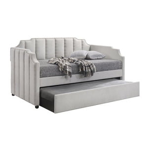 English Elm Dove Velvet Tufted Daybed with Trundle — Dove Gray Arched Back, Chrome Nailhead Trim, Black Legs (Twin) B062S00473