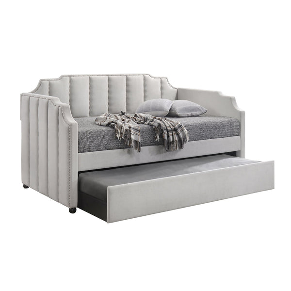 English Elm Dove Velvet Tufted Daybed with Trundle — Dove Gray Arched Back, Chrome Nailhead Trim, Black Legs (Twin) B062S00473