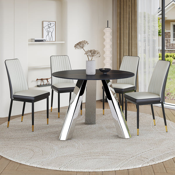 English Elm A 42-inch round dining set with stone top table and gold-plated stainless legs plus four PU chairs Black+Silver 31 L x 19.5 W x 17.5 H W1512S00135