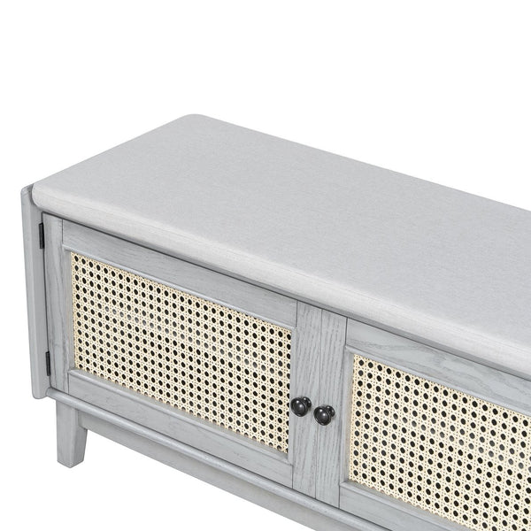 English Elm Trexm Bohemian Rattan Storage Bench Cushioned Seat Shoe Cabinet for Entryway Beige,Gray Wash N715P308012E
