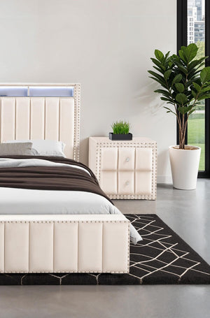English Elm Beige Fabric Upholstered Nightstand with Channel Tufting Nailhead Trim and Crystal Knobs Beige B2741P421104