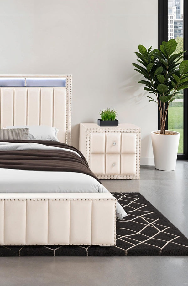 English Elm Beige Fabric Upholstered Nightstand with Channel Tufting Nailhead Trim and Crystal Knobs Beige B2741P421104