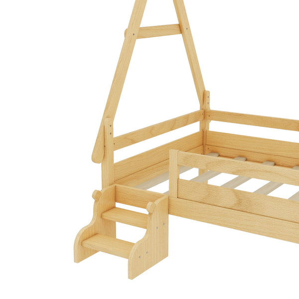 English Elm Twin House Shaped Platform Bed Solid Pine Frame with Built in Stairs for Kids W1580P354719