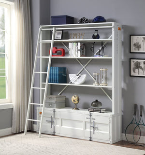 English Elm Cargo White Metal Bookcase w/Removable Ladder, 4 Open Compartments, 2 Doors, Cargo Container Style Lock B2726P285359