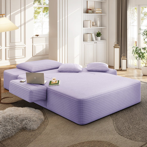 English Elm Luxurious Corduroy Frameless Chaise Sofa Bed with Spring Cushion and Storage Pocket Purple W3219P496264