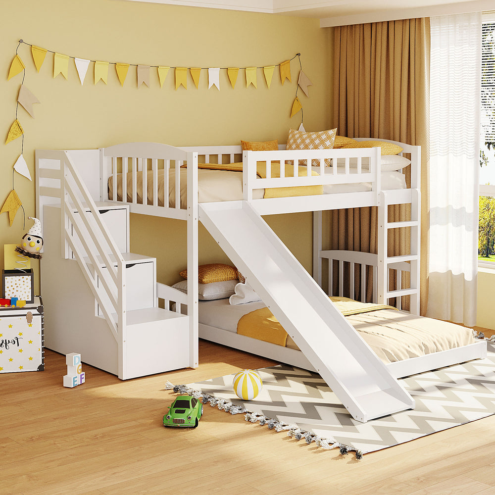 English Elm Stairway Twin Bunk Bed with Slide Storage Drawers and Guardrail Kids Bedroom LT100156AAK-1